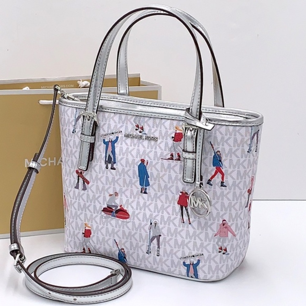 Michael Kors Jet Set Girls Print White Signature XS Carryall Top Zip Tote